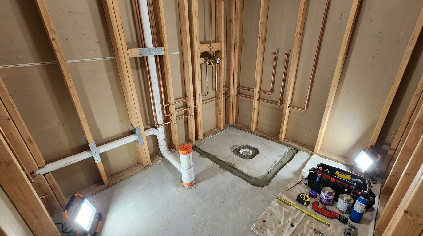 Bathroom rough-in plumbing during remodel by Johns Plumbing LLC in West Barnstable