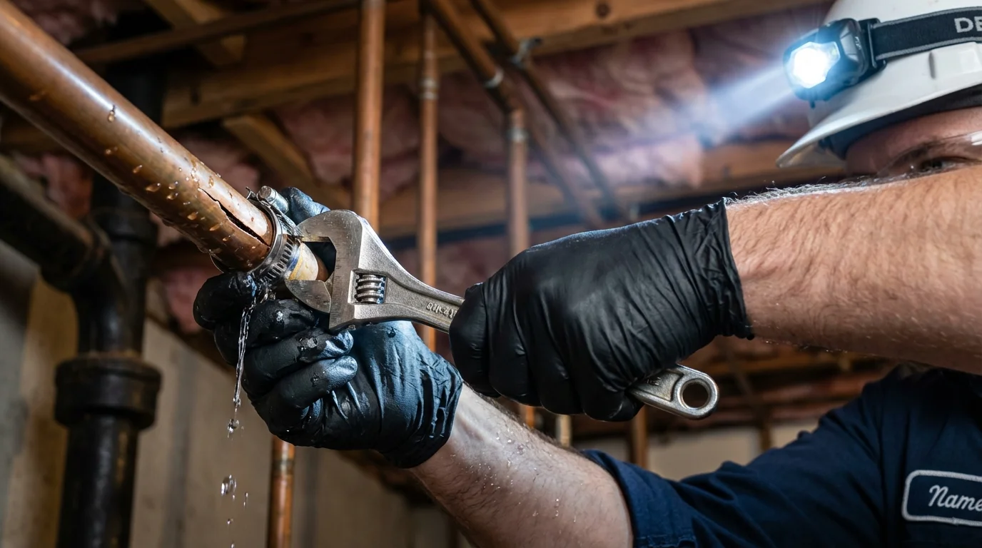 Emergency pipe clamp repair being performed by a Johns Plumbing LLC plumber in West Barnstable