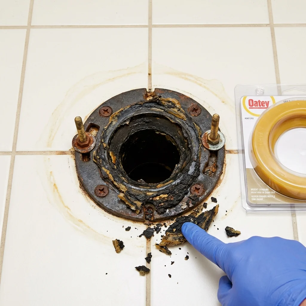 Failed wax ring showing water seepage at the base of a toilet in a West Barnstable, MA home