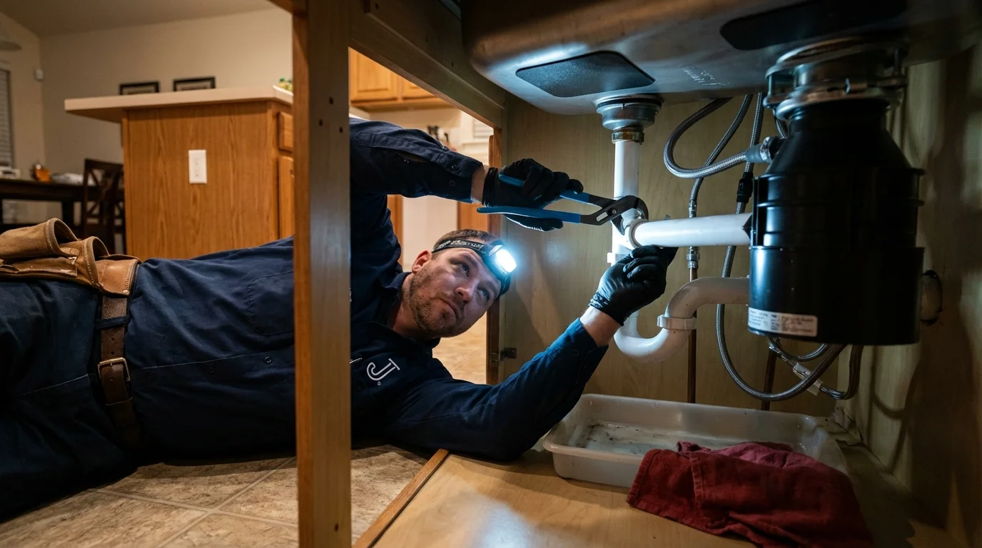 P-trap and supply line connections under a kitchen sink showing a common leak point in West Barnstable, MA
